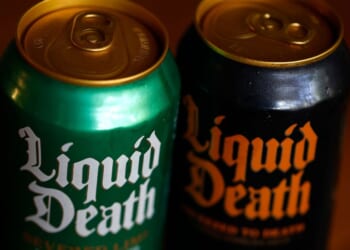 Two cans of Liquid Death flavored sparkling water displayed in San Anselmo, California, on July 18, 2025.