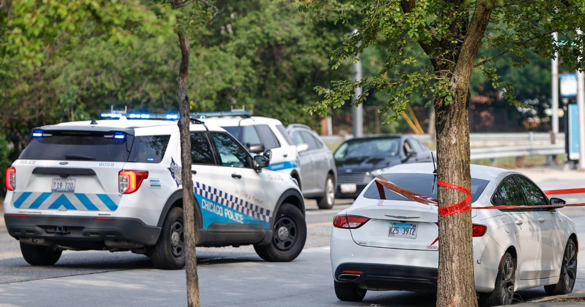 A car involved in a shooting sits outside Chicago Police Departments Morgan Park District station on July 7, 2021, in Chicago, Illinois.