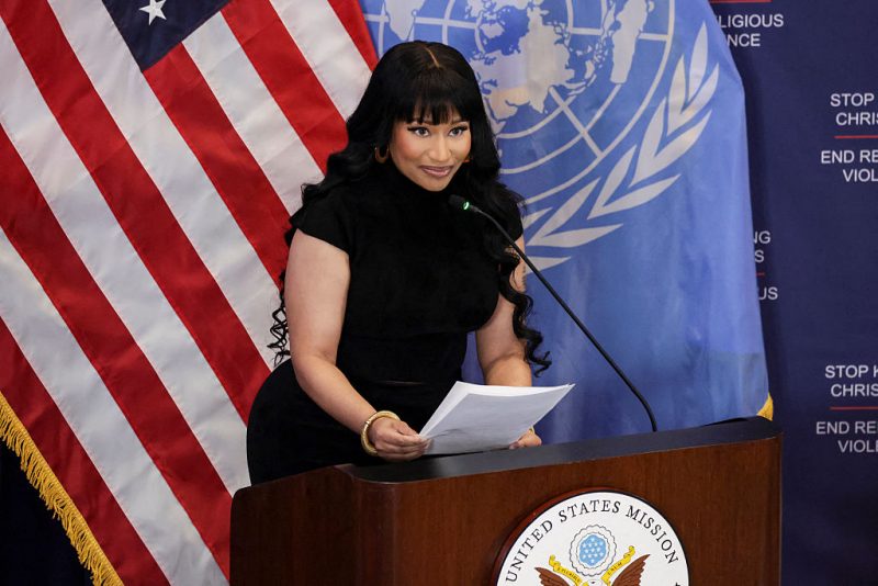 Trinidadian-US rapper Nicki Minaj speaks during the panel discussion "Combatting Religious Violence and the Killing of Christians in Nigeria" at the US Mission to the United Nations in New York City, on November 18, 2025. (Photo by ANGELA WEISS / AFP) (Photo by ANGELA WEISS/AFP via Getty Images)