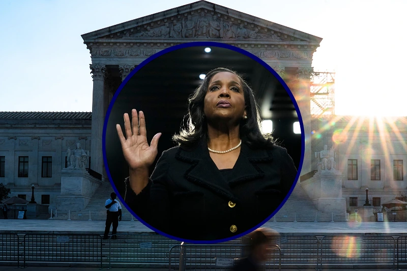 (Background) WASHINGTON, DC - OCTOBER 7: People pass outside the U.S. Supreme Court on October 7, 2024 in Washington, DC. The new Supreme Court term starts as the justices of the country
