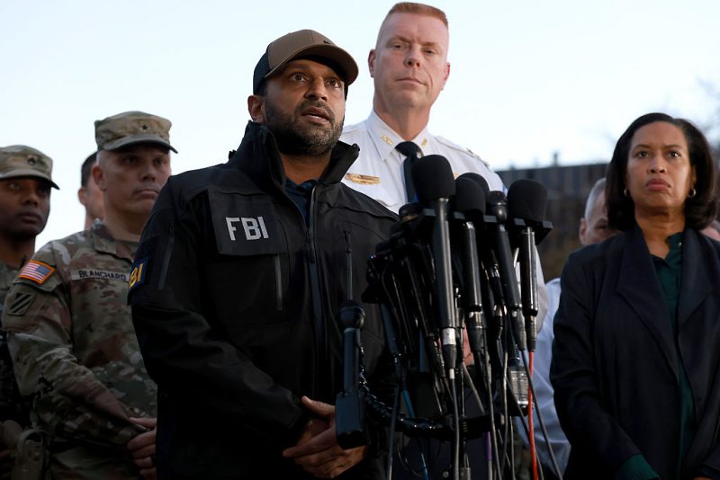 WASHINGTON, DC - NOVEMBER 26: (L-R) FBI Director Kash Patel, Executive Assistant Chief of the Washington Metropolitan Police Department Jeffery Carroll and Washington, DC Mayor Muriel Bowser speak to the media following the shooting of two National Guard soldiers near the White House on November 26, 2025 in Washington, DC. Two members of the West Virginia National Guard were shot near the White House Wednesday afternoon in what authorities are calling a targeted shooting. (Photo by Anna Moneymaker/Getty Images)