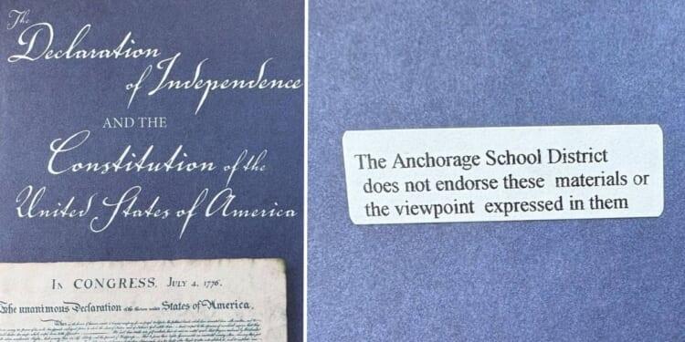 The Anchorage School District placed non-endorsement stickers on booklets containing the founding documents, as one parent posted via Facebook on Nov. 3, 2025.
