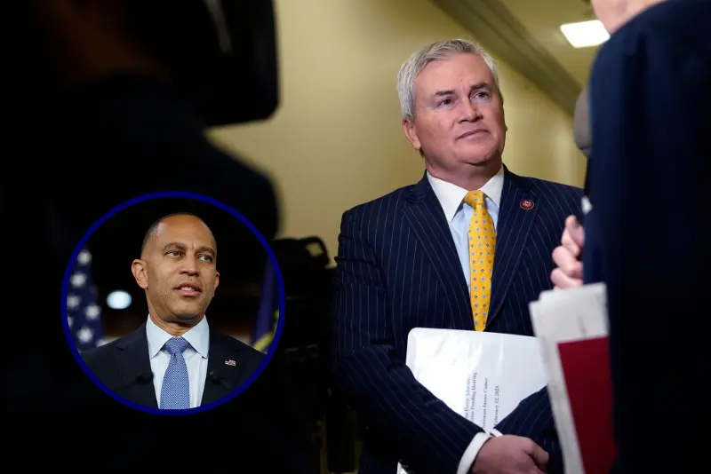 House Oversight Committee Chairman Rep. James Comer (R-KY) talks to reporters before a House Oversight and Government Reform Subcommittee on Delivering on Government Efficiency hearing in the Rayburn House Office Building on February 12, 2025 in Washington, DC. The subcommittee held a hearing titled “The War on Waste: Stamping Out the Scourge of Improper Payments and Fraud”. (Photo by Al Drago/Getty Images)//U.S. House Minority Leader Hakeem Jeffires (D-NY) speaks at a press conference on the government shutdown at the U.S. Capitol on October 08, 2025 in Washington, DC. The government remains shut down after Congress failed to reach a funding deal last week. (Photo by Kevin Dietsch/Getty Images)