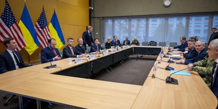 US Secretary of State Marco Rubio (5th L), US special envoy Steve Witkoff (4th L), US Secretary of the Army Daniel Driscoll (taking his seat) and US President Donald Trump