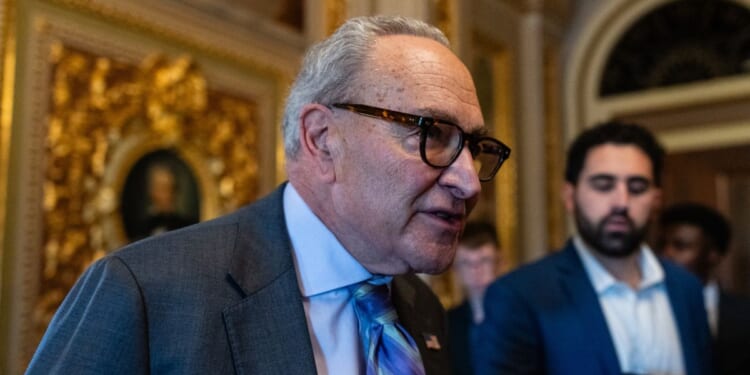 Senate Minority Leader Chuck Schumer departs a Democratic luncheon at the U.S. Capitol on Nov. 6, 2025, in Washington, D.C.