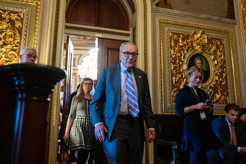 WASHINGTON, DC - NOVEMBER 6: Senate Minority Leader Chuck Schumer (D-NY) departs a Democratic luncheon at the U.S. Capitol on November 6, 2025 in Washington, DC. Lawmakers continue to negotiate as the government shutdown reaches its 37th day, the longest in U.S. history. (Photo by Eric Lee/Getty Images)
