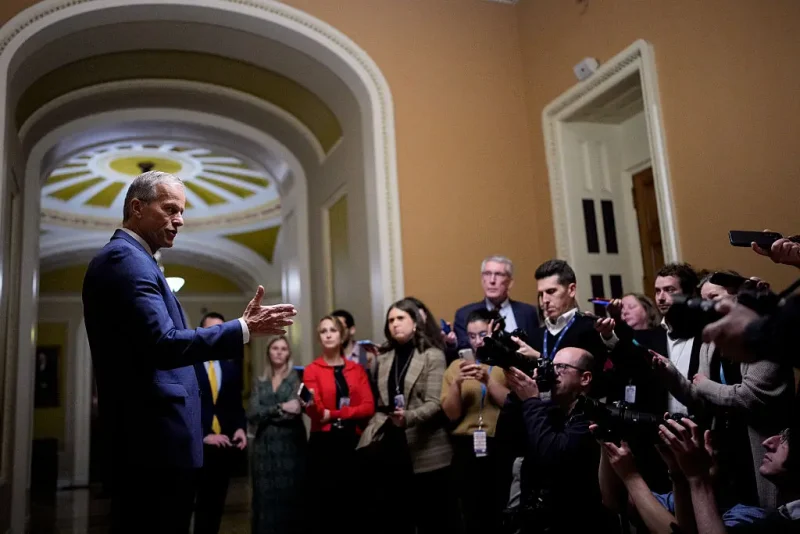 WASHINGTON, DC - NOVEMBER 10: U.S. Senate Majority Leader John Thune (R-SD) speaks to reporters outside the Senate Chamber after the Senate passed legislation to reopen the government on November 10, 2025 on Capitol Hill in Washington, DC. The Senate reached a deal late Sunday to fund the government, aiming to end the longest shutdown in history. (Photo by Andrew Harnik/Getty Images)