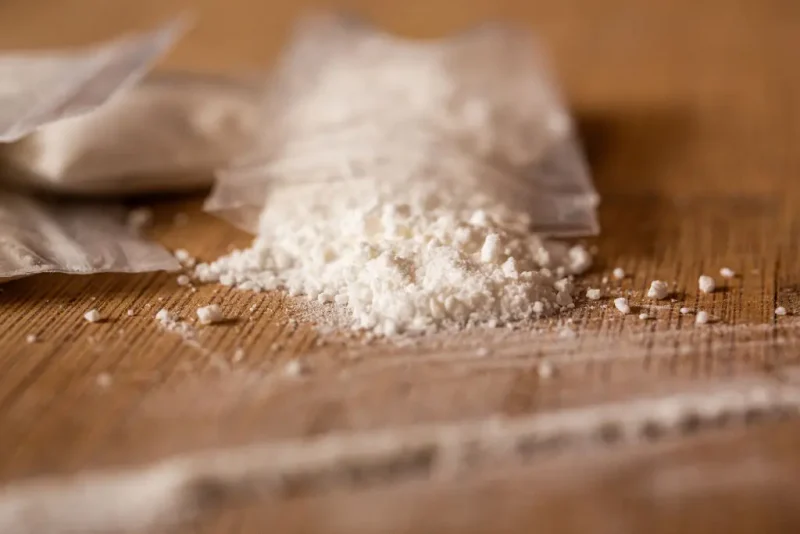 Fake cocaine in a transparent bag on a board illustrating drug trafficking in Clermont Ferrand France on March 19 2020. (Photo by Romain Costaseca / Hans Lucas / Hans Lucas via AFP) (Photo by ROMAIN COSTASECA/Hans Lucas/AFP via Getty Images)