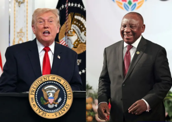 US President Donald Trump participates in a video call with military service members from his Mar-a-Lago residence in Palm Beach, Florida, on November 27, 2025, during the Thanksgiving holiday. US President Donald Trump said Thursday that Sarah Beckstrom, one of the two National Guard troops shot a day earlier near the White House, had died, while the other soldier was "fighting for his life." (Photo by Jim WATSON / AFP via Getty Images) / South African President Cyril Ramaphosa (R) welcomes Ethiopian Prime Minister Abiy Ahmed Ali as he arrives for the opening of the G20 Leaders