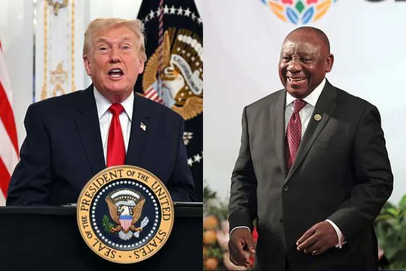 US President Donald Trump participates in a video call with military service members from his Mar-a-Lago residence in Palm Beach, Florida, on November 27, 2025, during the Thanksgiving holiday. US President Donald Trump said Thursday that Sarah Beckstrom, one of the two National Guard troops shot a day earlier near the White House, had died, while the other soldier was "fighting for his life." (Photo by Jim WATSON / AFP via Getty Images) / South African President Cyril Ramaphosa (R) welcomes Ethiopian Prime Minister Abiy Ahmed Ali as he arrives for the opening of the G20 Leaders