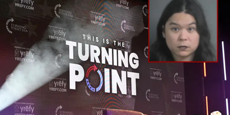 The Turning Point USA logo is seen on the stage during an "American Comeback Tour" stop in Burruss Hall at Virgina Tech university in Blacksburg, Virginia, on September 24, 2025. The event is being held two weeks after the killing of right-wing activist and co-founder of Turning Point USA Charlie Kirk during an "American Comeback Tour" stop in Orem, Utah on September 10. (Photo by Alex WROBLEWSKI / AFP) (Photo by ALEX WROBLEWSKI/AFP via Getty Images) / Justin Pham Calhoon