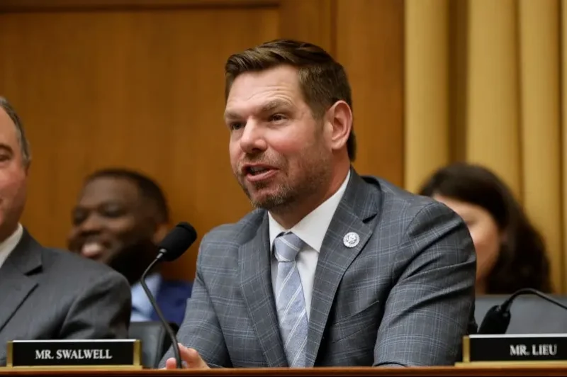 WASHINGTON, DC - JUNE 04: House Judiciary Committee member Rep. Eric Swalwell (D-CA) (R) accuses his fellow committee members of being members of a cult as U.S. Attorney General Merrick Garland testifies during a hearing in the Rayburn House Office Building on Capitol Hill on June 04, 2024 in Washington, DC. Facing a contempt vote in the House, Garland pushed back against false accusation that the Justice Department is behind the prosecution and subsequent conviction of former U.S. President Donald Trump in New York, and that falsehoods and "conspiracy theories" are harming the rule of law. (Photo by Chip Somodevilla/Getty Images)