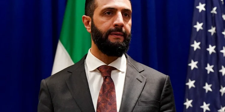 TOPSHOT - Syrian President Ahmed al-Sharaa arrives for a meeting with US Secretary of State Marco Rubio at the Lotte New York Palace Hotel on the sidelines of the United Nations General Assembly meeting in New York City on September 22, 2025. (Photo by Bing Guan / POOL / AFP) (Photo by BING GUAN/POOL/AFP via Getty Images)