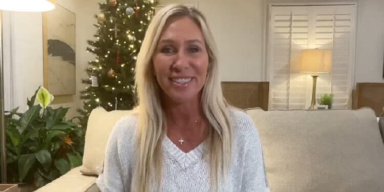 Outgoing Rep. Marjorie Taylor-Greene is pictured in a video from her resignation announcement.