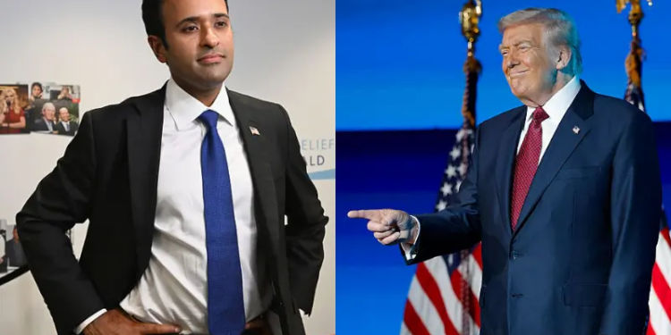 Vivek Ramaswamy attends Charity Day 2025 Hosted by Cantor Fitzgerald Relief Fund at BGC Group on September 11, 2025 in New York City. (Photo by Slaven Vlasic/Getty Images for Cantor Fitzgerald) / U.S. President Donald Trump arrives on stage to deliver remarks during the America Business Forum at the Kaseya Center on November 05, 2025 in Miami, Florida. The forum brings together global leaders, cultural figures and innovators from various sectors for discussions on business, technology and social development. (Photo by Kevin Dietsch/Getty Images)
