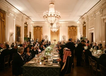 Guests gather for an official dinner with US President Donald Trump and Crown Prince and Prime Minister of the Kingdom of Saudi Arabia Mohammed bin Salman in the East Room of the White House in Washington, DC on November 18, 2025. (Photo by Brendan SMIALOWSKI / AFP) (Photo by BRENDAN SMIALOWSKI/AFP via Getty Images)