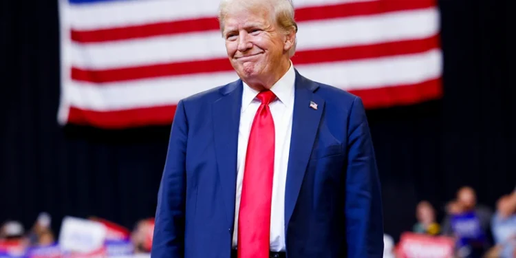 BOZEMAN, MONTANA - AUGUST 09: Republican presidential nominee, former U.S. President Donald Trump walks toward the stage to speak at a rally at the Brick Breeden Fieldhouse at Montana State University on August 9, 2024 in Bozeman, Montana. (Photo by Michael Ciaglo/Getty Images)