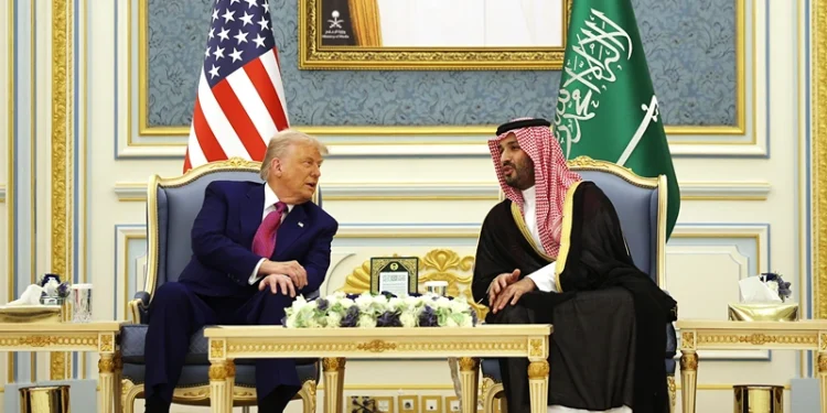 RIYADH, SAUDI ARABIA - MAY 13: U.S. President Donald Trump meets with Saudi Crown Prince Mohammed bin Salman during a “coffee ceremony” at the Saudi Royal Court on May 13, 2025, in Riyadh, Saudi Arabia. Trump begins a multi-nation tour of the Gulf region focused on expanding economic ties and reinforcing security cooperation with key U.S. allies. (Photo by Win McNamee/Getty Images)