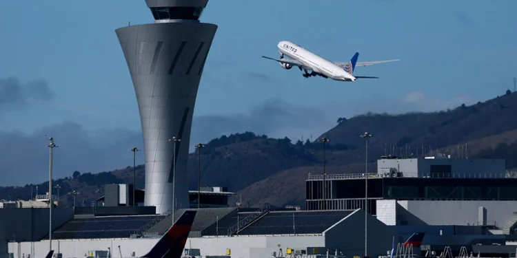 SAN FRANCISCO, CALIFORNIA - NOVEMBER 07: A United Airlines plane takes off from San Francisco International Airport (SFO) on November 07, 2025 in San Francisco, California. The FAA (Federal Aviation Administration) is reducing flights by 10 percent at 40 major airports nationwide, including SFO, beginning Friday amid air traffic control staffing shortages resulting from the federal government shutdown. (Photo by Justin Sullivan/Getty Images)