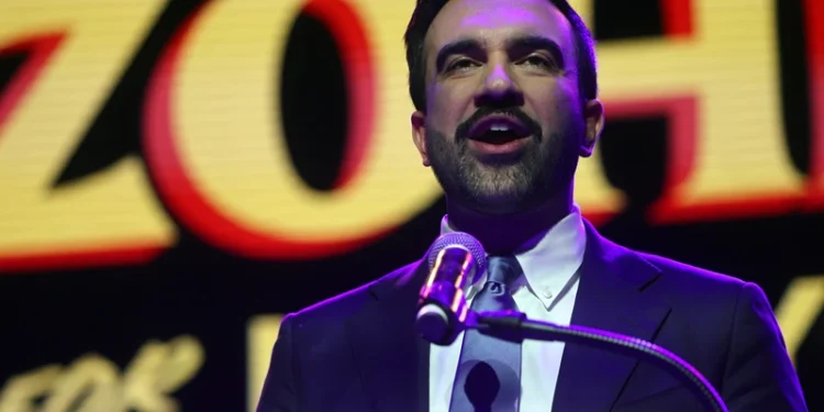 NEW YORK, NEW YORK - NOVEMBER 04: New York City Democratic mayoral candidate Zohran Mamdani celebrates as he takes the stage at his election night watch party at the Brooklyn Paramount on November 4, 2025 in the Brooklyn borough of New York City. Mamdani defeated Independent candidate Andrew Cuomo and Republican candidate Curtis Sliwa in the closely watched election for New York City mayor. (Photo by Spencer Platt/Getty Images)
