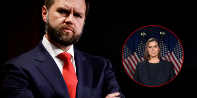 Sen. JD Vance (R-OH) listens during a news conference on the U.S. Southern Border at the U.S. Capitol on February 06, 2024 in Washington, DC. Senate Republicans held the news conference to discuss their lack of support for the bipartisan Senate immigration legislation released over the weekend. (Photo by Anna Moneymaker/Getty Images) // WYANDOTTE, MICHIGAN - MARCH 4: Sen. Elissa Slotkin (D-MI) rehearses the Democratic response to President Donald Trump