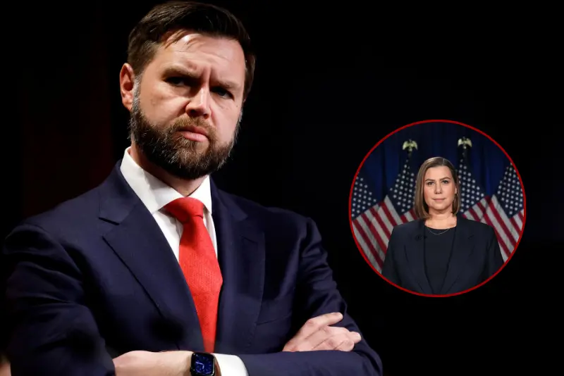 Sen. JD Vance (R-OH) listens during a news conference on the U.S. Southern Border at the U.S. Capitol on February 06, 2024 in Washington, DC. Senate Republicans held the news conference to discuss their lack of support for the bipartisan Senate immigration legislation released over the weekend. (Photo by Anna Moneymaker/Getty Images) // WYANDOTTE, MICHIGAN - MARCH 4: Sen. Elissa Slotkin (D-MI) rehearses the Democratic response to President Donald Trump