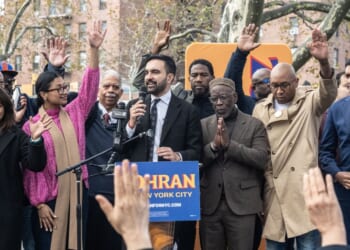 Democratic New York City mayoral candidate Zohran Mamdani, center, asked rally goers Saturday to raise their hands if they'd been accused of being a terrorist.