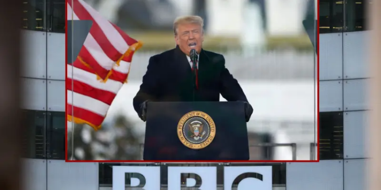 The BBC logo is seen at BBC Broadcasting House on January 17, 2022 in London, England. Culture Secretary Nadine Dorries has hinted that the Government will shortly reveal plans to abolish the licence fee in 2027, with the funding frozen for the next two years. Unlike other subscription services, the BBC faces a number of challenges, including finding a way to charge users, while continuing to provide-free-to-air content over its multiple radio stations. (Photo by Leon Neal/Getty Images) / President Donald Trump speaks at the "Stop The Steal" Rally on January 06, 2021 in Washington, DC. Trump supporters gathered in the nation