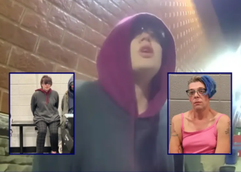 (Background) Screen capture of police body cam footage showing Morgan Geyser