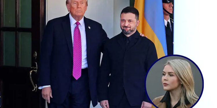 US President Donald Trump welcomes Ukrainian President Volodymyr Zelensky as he arrives for a meeting at the White House in Washington, DC, on October 17, 2025. (Photo by TOM BRENNER / AFP) (Photo by TOM BRENNER/AFP via Getty Images) / White House Press Secretary Karoline Leavitt speaks to journalists outside the West Wing of the White House in Washington, DC, on November 24, 2025. (Photo by ANDREW CABALLERO-REYNOLDS / AFP via Getty Images)
