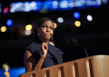 CHICAGO, ILLINOIS - AUGUST 20: Former first lady Michelle Obama speaks on stage during the second day of the Democratic National Convention at the United Center on August 20, 2024 in Chicago, Illinois. Delegates, politicians, and Democratic Party supporters are gathering in Chicago, as current Vice President Kamala Harris is named her party