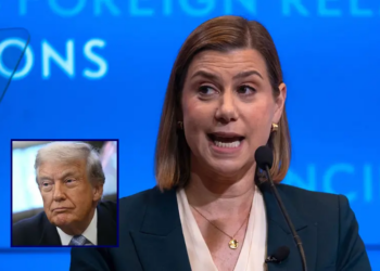 Sen. Elissa Slotkin (D-MI) delivers a speech on national security at the Council of Foreign Relations on September 05, 2025 in New York City. The speech included a call for the U.S. Government to "prioritize our national security infrastructure around middle-class economics". (Photo by Spencer Platt/Getty Images) / US President Donald Trump looks on during a meeting with the White House Task Force on the FIFA World Cup 2026 in the Oval Office of the White House in Washington, DC on November 17, 2025. (Photo by Brendan SMIALOWSKI / AFP) (Photo by BRENDAN SMIALOWSKI/AFP via Getty Images)