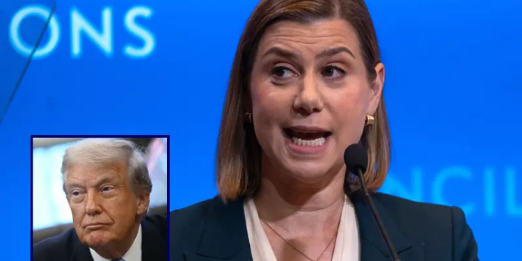 Sen. Elissa Slotkin (D-MI) delivers a speech on national security at the Council of Foreign Relations on September 05, 2025 in New York City. The speech included a call for the U.S. Government to "prioritize our national security infrastructure around middle-class economics". (Photo by Spencer Platt/Getty Images) / US President Donald Trump looks on during a meeting with the White House Task Force on the FIFA World Cup 2026 in the Oval Office of the White House in Washington, DC on November 17, 2025. (Photo by Brendan SMIALOWSKI / AFP) (Photo by BRENDAN SMIALOWSKI/AFP via Getty Images)