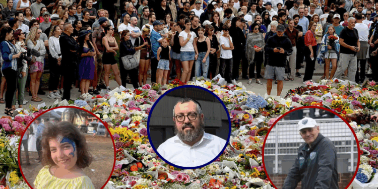 Mourners gather by floral tributes at the Bondi Pavillion in memory of the victims of a shooting at Bondi Beach, in Sydney on December 15, 2025. A father and son opened fire on a Jewish festival at Australia
