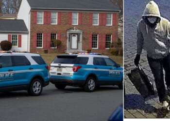 Prince William County police seal the street, left, in front of the Virginia home of suspected Jan. 6, 2021, pipe bomber Brian Cole. At right, an image from an FBI poster shows the suspect who allegedly placed pipe bombs in Washington.