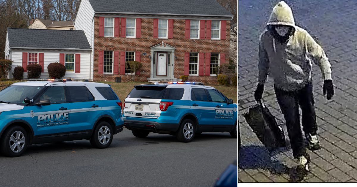 Prince William County police seal the street, left, in front of the Virginia home of suspected Jan. 6, 2021, pipe bomber Brian Cole. At right, an image from an FBI poster shows the suspect who allegedly placed pipe bombs in Washington.