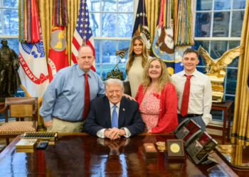 President Donald Trump and First Lady Melania Trump meet with the parents and younger brother of National Guardsman Andrew Wolfe. (President Donald Trump; Truth Social)