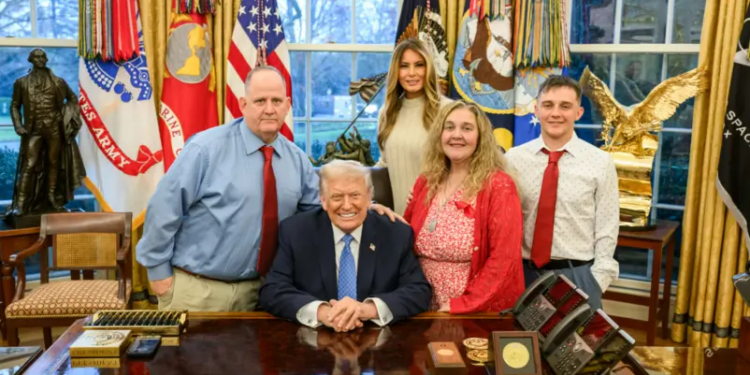 President Donald Trump and First Lady Melania Trump meet with the parents and younger brother of National Guardsman Andrew Wolfe. (President Donald Trump; Truth Social)