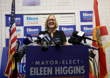 MIAMI, FLORIDA - DECEMBER 10: Miami Mayor-elect Eileen Higgins holds a press conference the day after winning the mayoral seat on December 10, 2025 in Miami, Florida. Higgins, a Democrat, beat her Republican challenger Emilio González, a former city manager endorsed by President Donald Trump, in a runoff election. The position of Mayor for the City of Miami is officially nonpartisan. (Photo by Joe Raedle/Getty Images)
