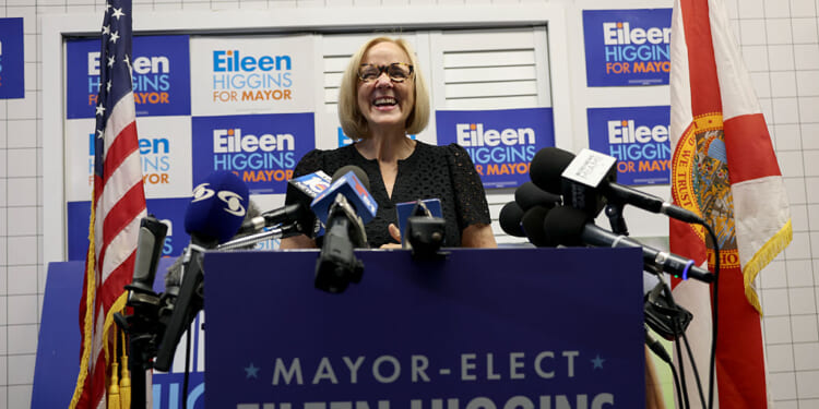 MIAMI, FLORIDA - DECEMBER 10: Miami Mayor-elect Eileen Higgins holds a press conference the day after winning the mayoral seat on December 10, 2025 in Miami, Florida. Higgins, a Democrat, beat her Republican challenger Emilio González, a former city manager endorsed by President Donald Trump, in a runoff election. The position of Mayor for the City of Miami is officially nonpartisan. (Photo by Joe Raedle/Getty Images)