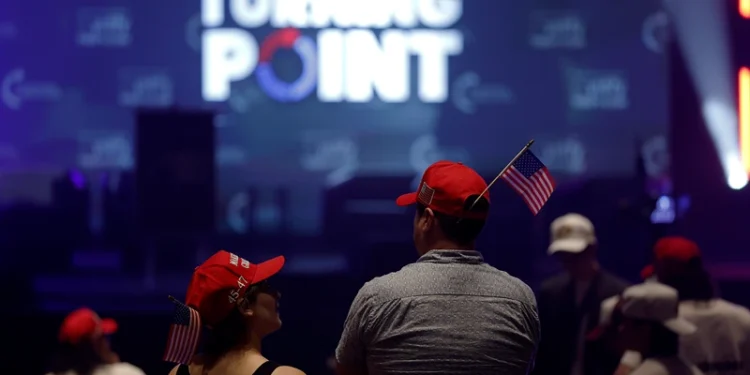 BERKELEY, CALIFORNIA - NOVEMBER 10: Attendees gather before the start of a Turning Point USA event at the University of California, Berkeley (UC Berkeley) on November 10, 2025 in Berkeley, California. Two months after Turning Point USA founder Charlie Kirk was killed, the tour made a stop in California at UC Berkeley. (Photo by Justin Sullivan/Getty Images)