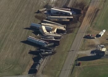 A pileup of train cars after a train derailment occurred early Tuesday morning in Kentucky. Photo Via X @Breaking911