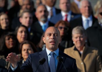 House Minority Leader Hakeem Jeffries and fellow Democratic leaders hold a rally to demand the House vote to extend Obamacare subsidies on the East Front Steps of U.S. Capitol on Dec. 18, 2025, in Washington, D.C.