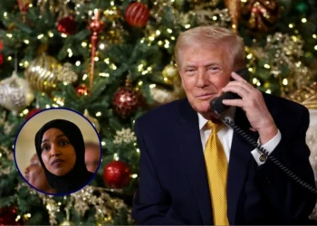 (Background) U.S. President Donald Trump calls children as he participates in tracking Santa Claus