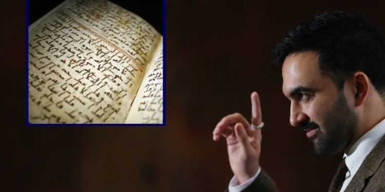 (Background) New York City Mayor-elect Zohran Mamdani announces two deputy mayors in Staten Island on December 19, 2025 in New York City. (Spencer Platt/Getty Images) / (L) A Koran manuscript is displayed at the University of Birmingham on July 24, 2015 in Birmingham, England. (Dan Kitwood/Getty Images)