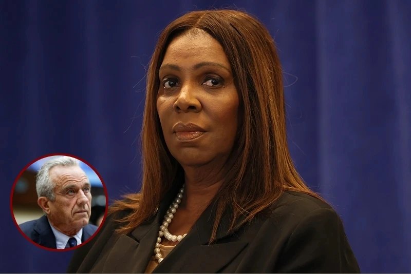 (Background) New York Attorney General Letitia James stands silently during a press conference at the office of the Attorney General on December 15, 2025 in New York City. (Michael M. Santiago/Getty Images) / (L) Robert F. Kennedy Jr. speaks during hearing with the House Judiciary Subcommittee. (Anna Moneymaker/Getty Images)