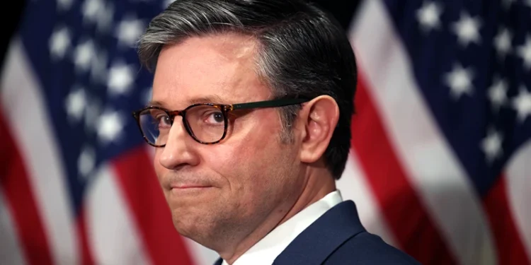 WASHINGTON, DC - NOVEMBER 13: U.S. Speaker of the House Mike Johnson (R-LA) speaks after being reelected to his leadership role following the House Republican leadership elections at the Hyatt Regency Washington on Capitol Hill on November 13, 2024 in Washington, DC. The House Republican Caucus reelected Speaker Mike Johnson (R-LA), House Majority Leader Steve Scalise (R-LA) and House Majority Whip Tom Emmer (R-MN) to their positions for the 119th Congress and elected Rep. Lisa McClain (R-MI) as House Republican Conference Chair. (Photo by Tasos Katopodis/GettyImages)
