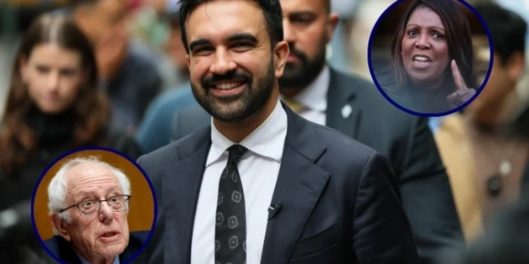 (Background) New York Mayoral candidate Zohran Mamdani speaks with press as he walks towards a press conference on October 08, 2025, in New York City. ( Michael M. Santiago/Getty Images) / (L) Ranking member Sen. Bernie Sanders (I-VT) speaks during a hearing with the Senate Committee (Kevin Dietsch/Getty Images) / (R) NY Attorney General Letitia James speaks during a press conference (Michael M. Santiago/Getty Images)