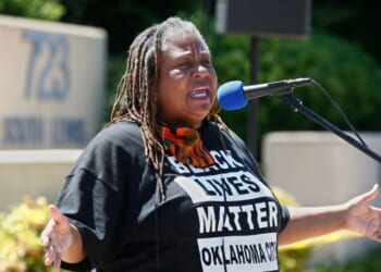 T. Sheri Dickerson, co-founder of Black Lives Matter Oklahoma City, speaks during a rally outside the Stillwater Police Department in Stillwater, Oklahoma, on June 3, 2020.