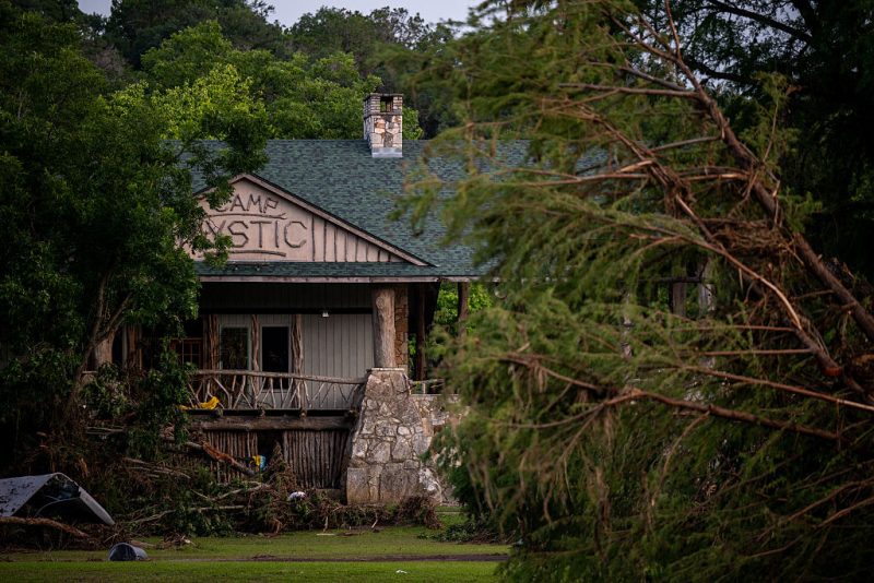 HUNT, TEXAS - JULY 07: Debris is piled up at Camp Mystic on July 07, 2025 in Hunt, Texas. Heavy rainfall early Friday caused severe flash flooding along the Guadalupe River in central Texas, leaving more than 100 people reported dead, including children attending the camp. (Photo by Brandon Bell/Getty Images)